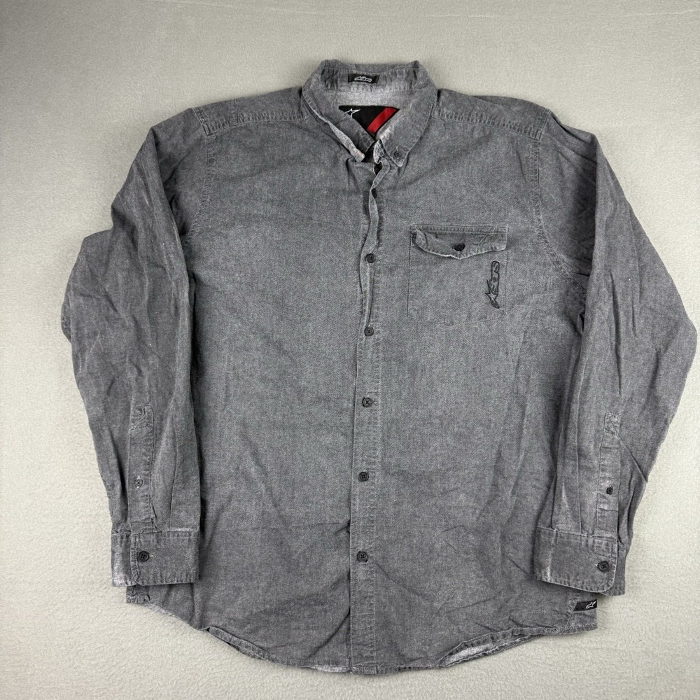 Alpinestars Button Up Long Sleeve Shirt Sz XL Gray Logo Racing 100% Cotton‎